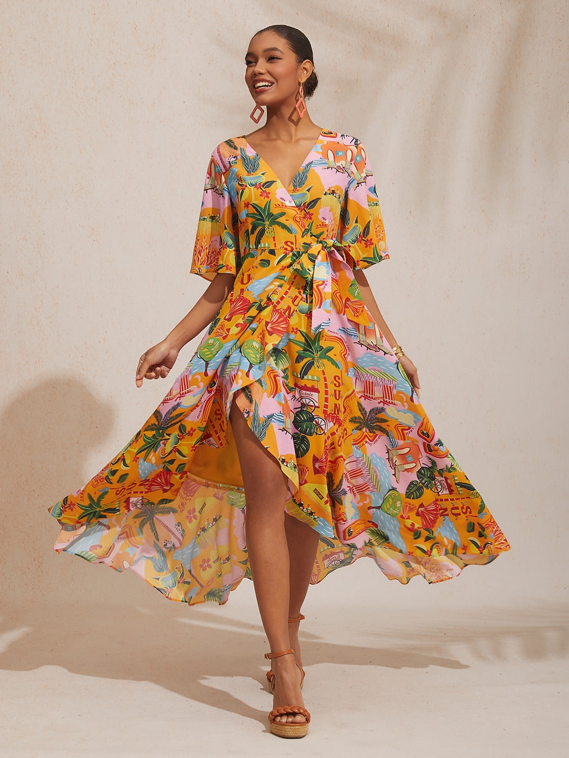 Vacation Beach Print Crisscross Tie Straps Satin Maxi Dress