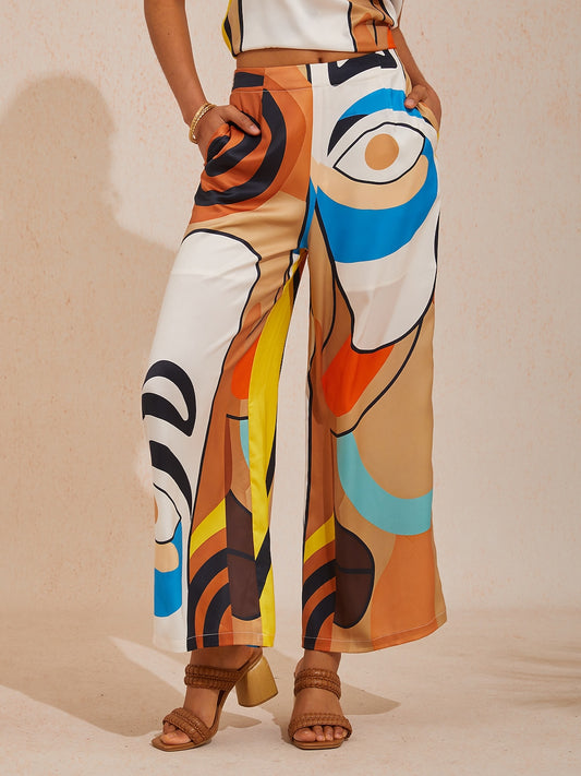 Abstract Art Silky Satin Straight-Leg Pants