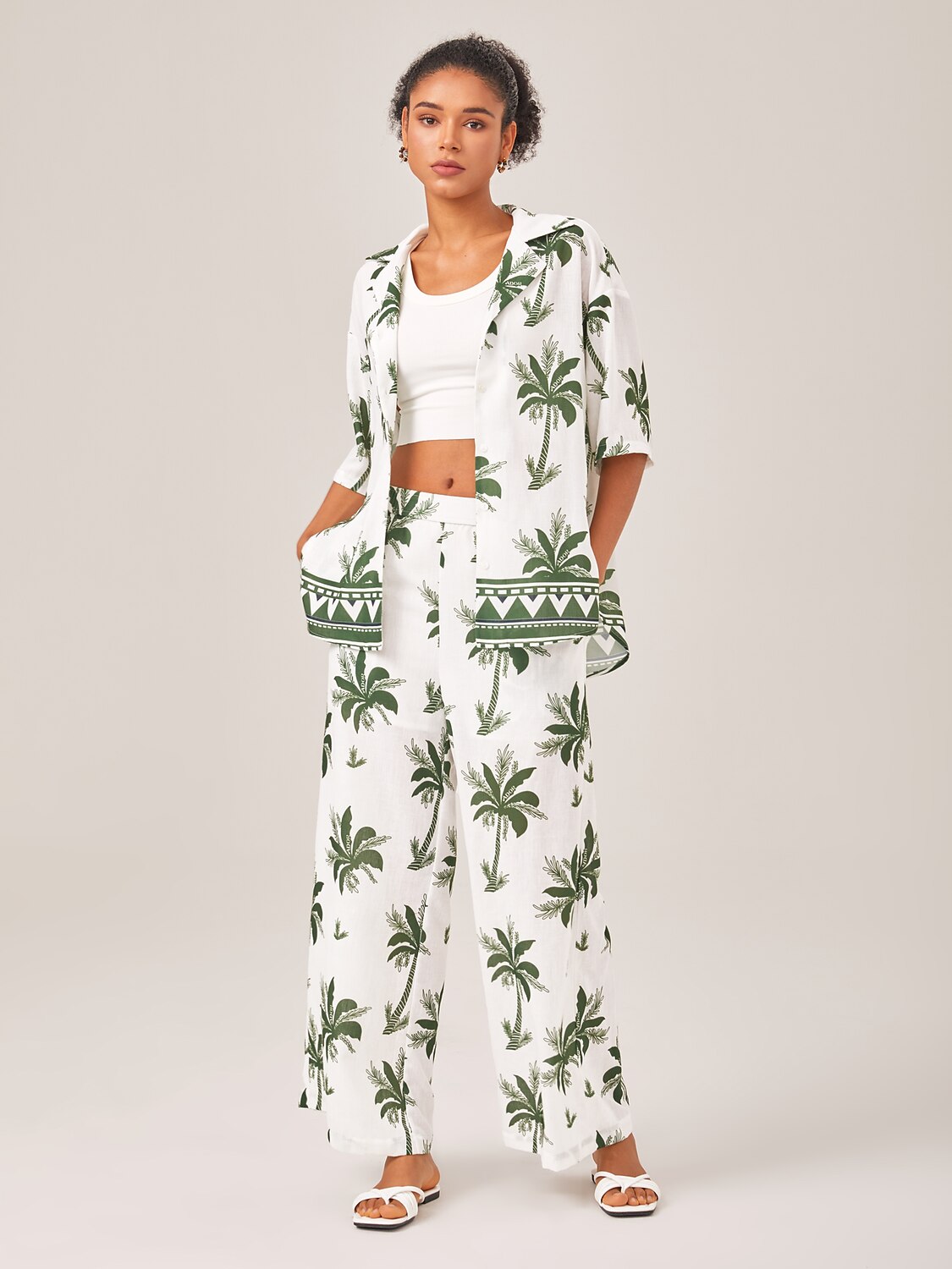Vacation Palm Tree Print Loose Two-Piece Set