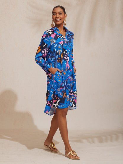 Vacation Abstract Color Dot Floral Straight Satin Shirt Dress