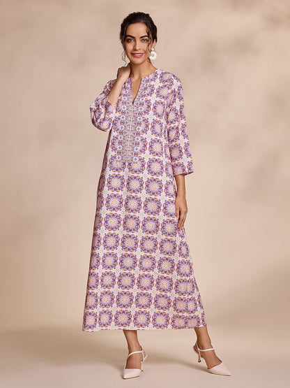Ethnic Floral Print Notched Collar Vacation Style Maxi Dress