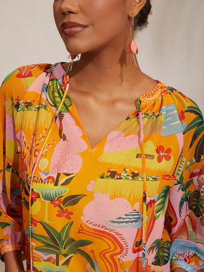 Vacation Beach Element Print Loose fit Chiffon Top