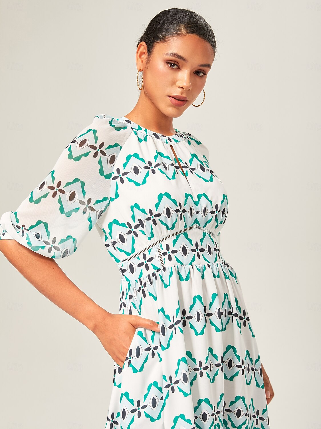 Geometric Cinched Waist Midi Dress
