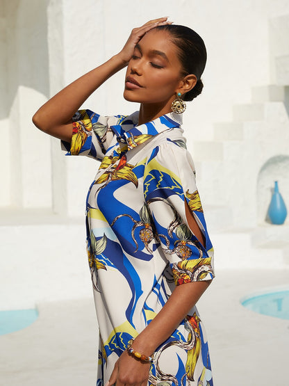 Vacation Scenic Floral Print Straight Satin Shirt Dress