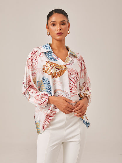 Shell Print Relaxed Fit Overhead V-Neck Blouse