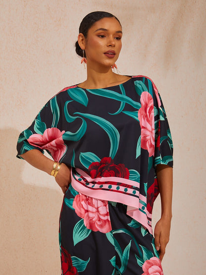 Vacation Contrast Color Artistic Floral Dolman Sleeve Satin Top