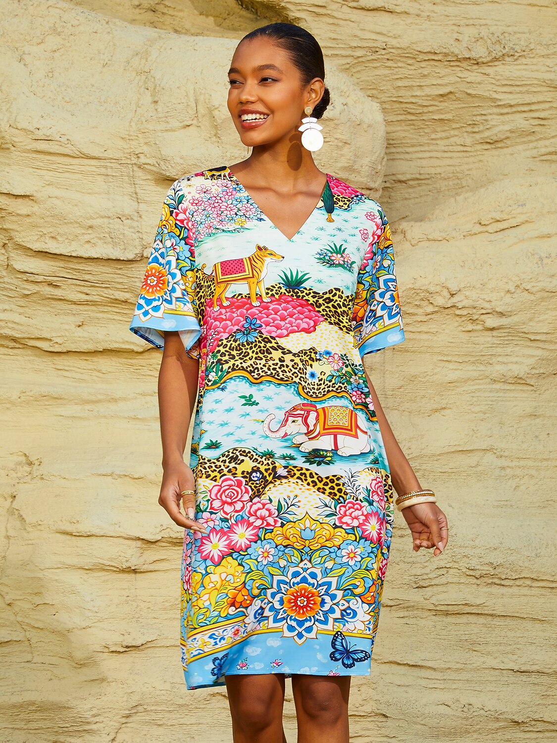 Vacation Print Satin Short Sleeves Mini Dress