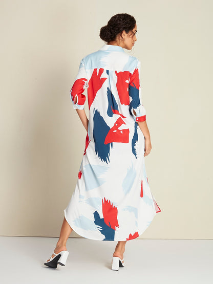 Satin Rainbow Block Pattern Maxi Shirt Dress