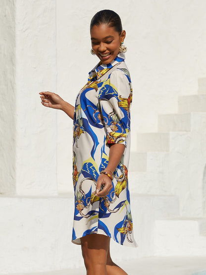 Vacation Scenic Floral Print Straight Satin Shirt Dress
