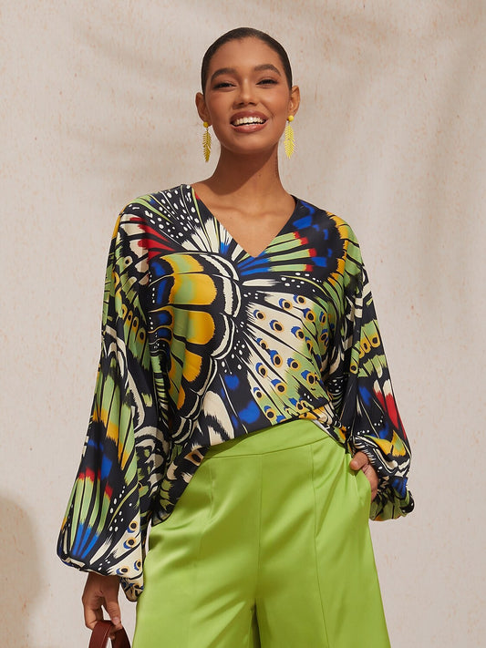 Vacation Butterfly Print Dolman Sleeve Satin Top