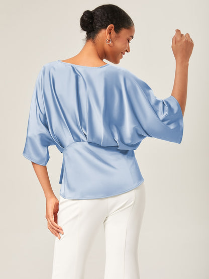 Satin Dolman Sleeve Inverted Pleat V-Neck Top