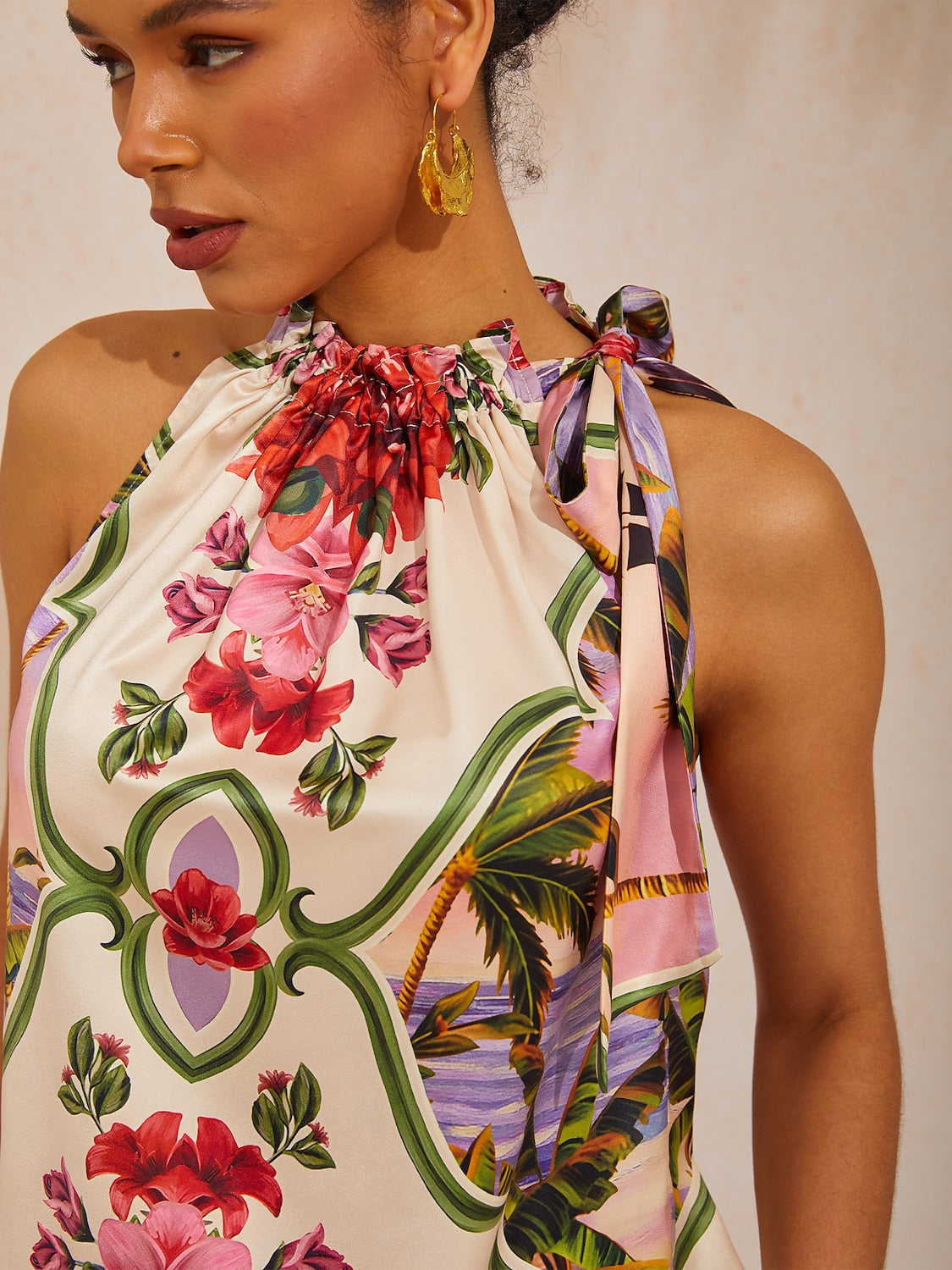 Vacation Placement Floral Stand Collar Shirred Satin Top