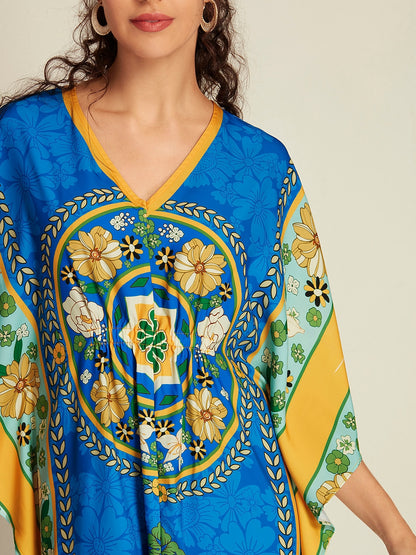 Satin Caftan Bandana Print Raglan Midi Dress