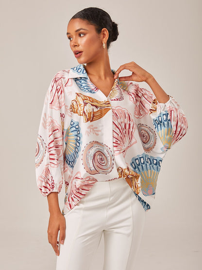 Shell Print Relaxed Fit Overhead V-Neck Blouse