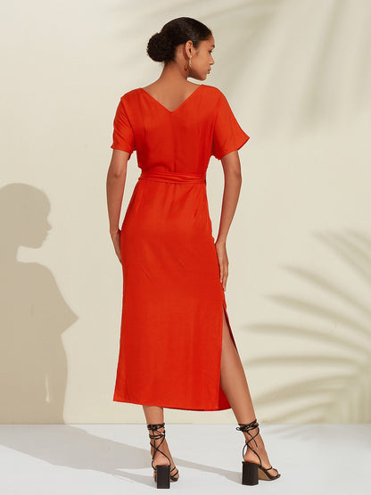 Tencel Linen Orange Red  Shirred Wrap Midi Dress