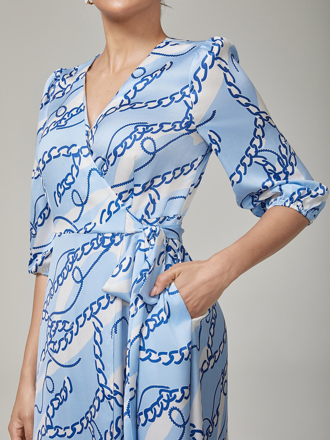 Chain Block Pattern Cross Tie Satin Maxi Dress