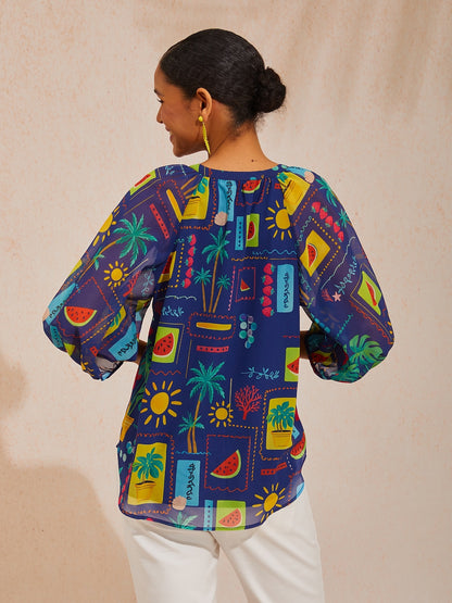 Vacation Tropical Geometric Floral Loose Chiffon Top