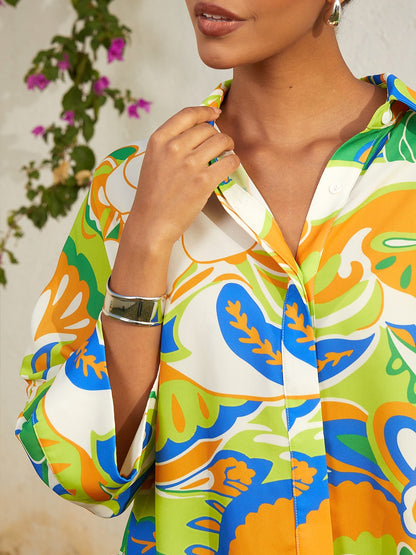 Vacation Green Floral Dolman Sleeve High Low Chiffon Short Shirt