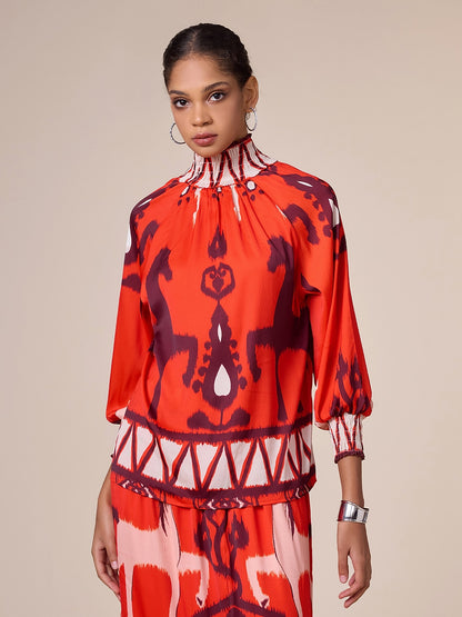 Chiffon Orange Bohemian Printing Turtle Blouse