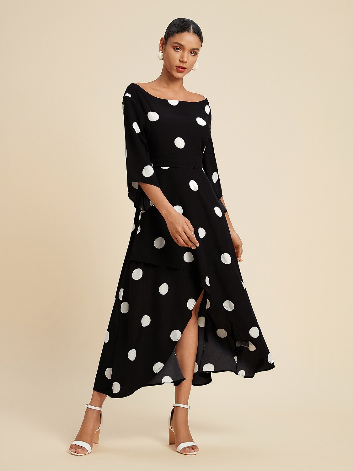 Black Polka Dot Print Asymetric Hem Off-Shoulder Dress