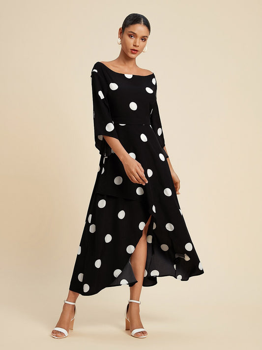 Black Polka Dot Print Asymetric Hem Off-Shoulder Dress