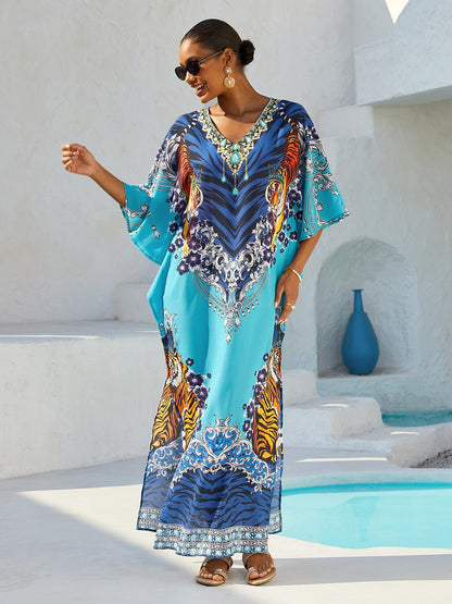 Mallorca Blossom Flowy Chiffon Dolman Sleeve Maxi Dress