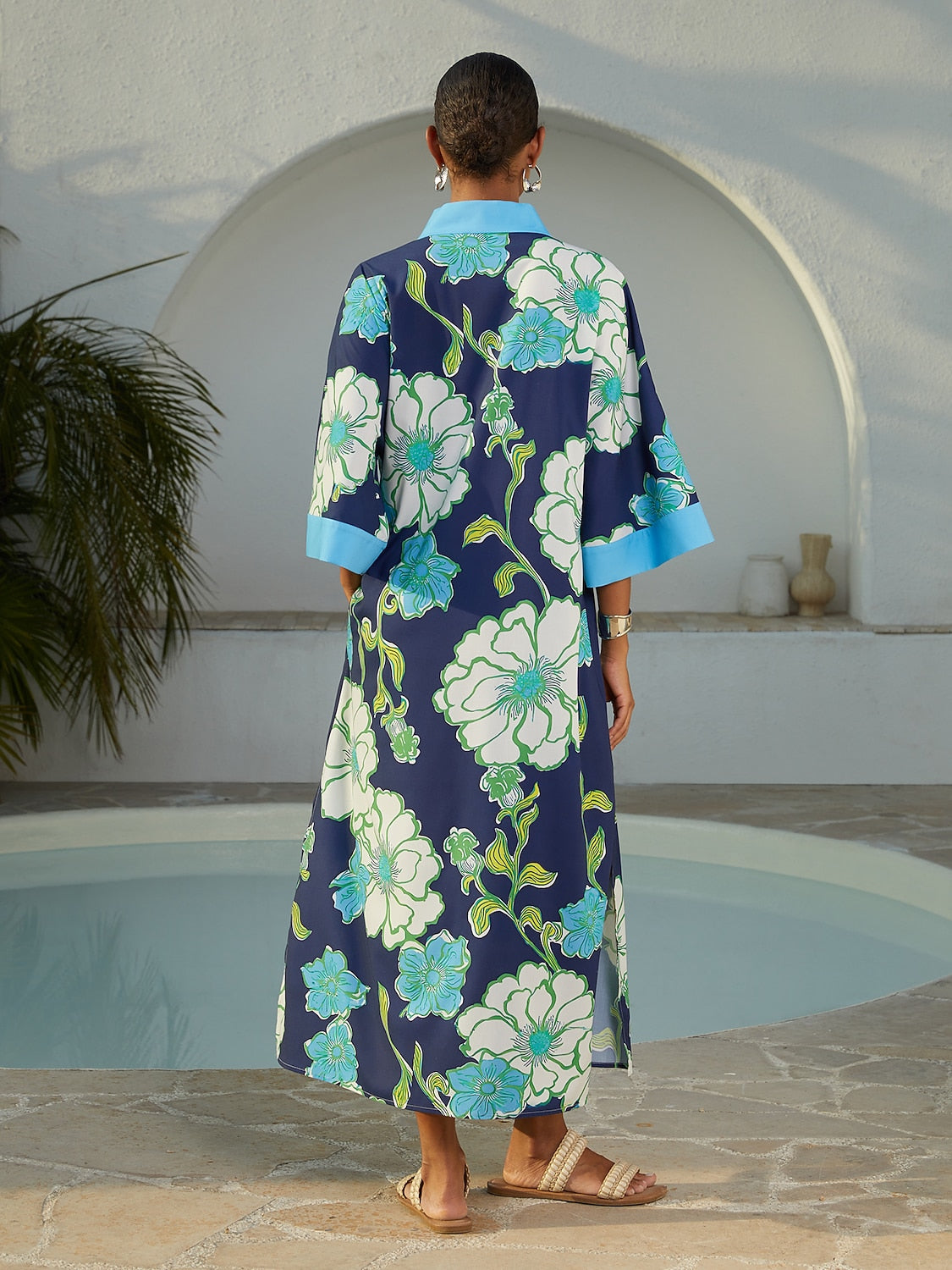 Vacation Color Block Floral Dolman Sleeve Loose Fit Rayon Like Maxi Dress