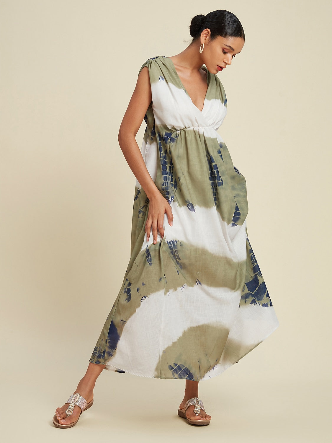 Linen-Like Tie-dye Print Vacation Style Sleeveless Maxi Dress