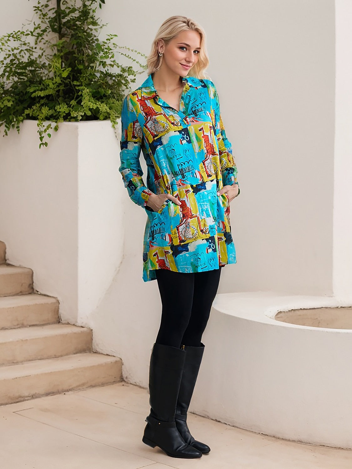 Rayon Graffiti Cuff Lapel Mini Shirt Dress