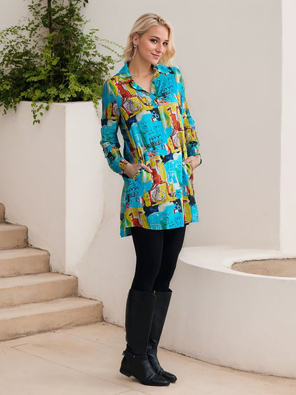 Rayon Graffiti Cuff Lapel Mini Shirt Dress