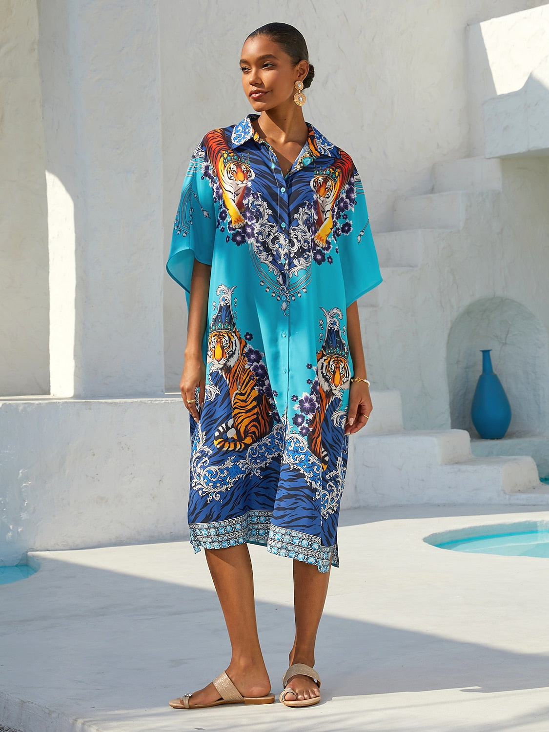Indigo Tigress Chiffon Vacation Shirt Dress