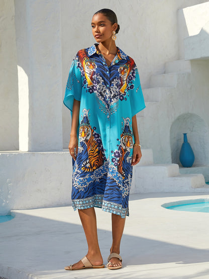 Indigo Tigress Chiffon Vacation Shirt Dress