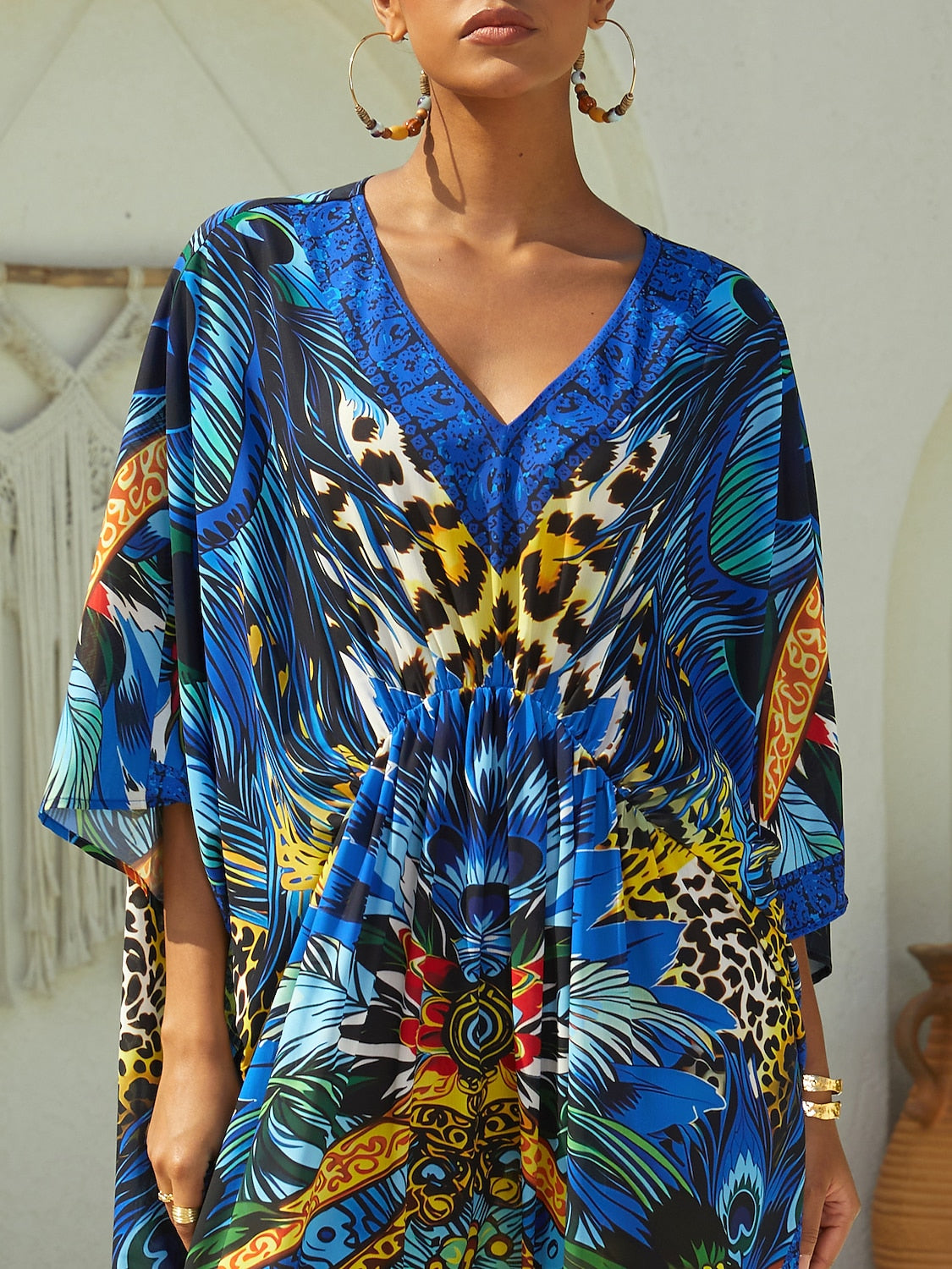 Vacation Feather Leopard Print Dolman Sleeve Chiffon Maxi Dress