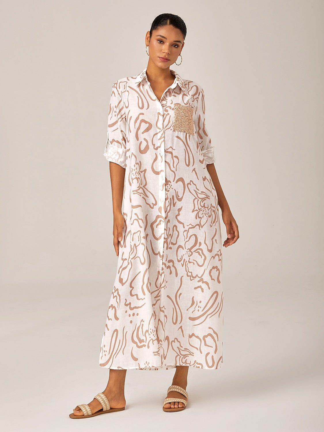 Sequin Apricot Curve Pocket Roll Up Maxi Shirt Dress