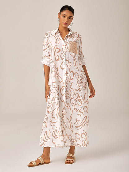 Sequin Apricot Curve Pocket Roll Up Maxi Shirt Dress