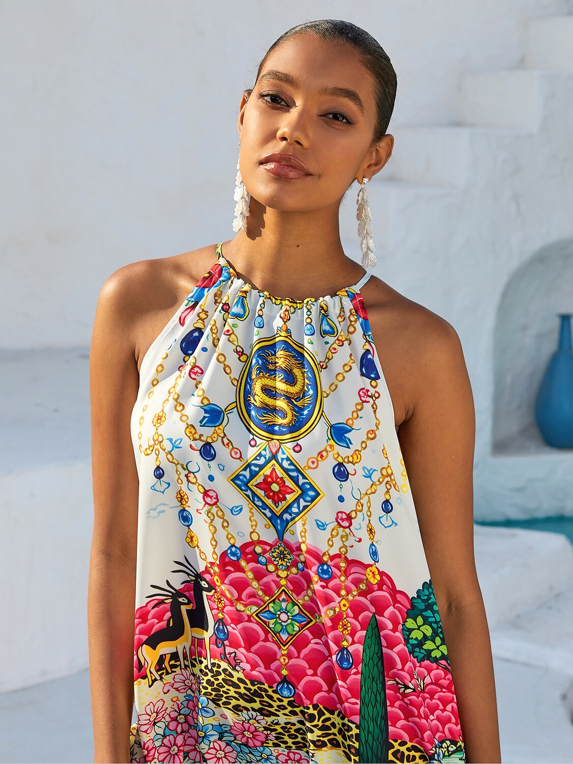 Vacation Vintage Patchwork Motif Sleeveless Drawstring Satin Maxi Dress