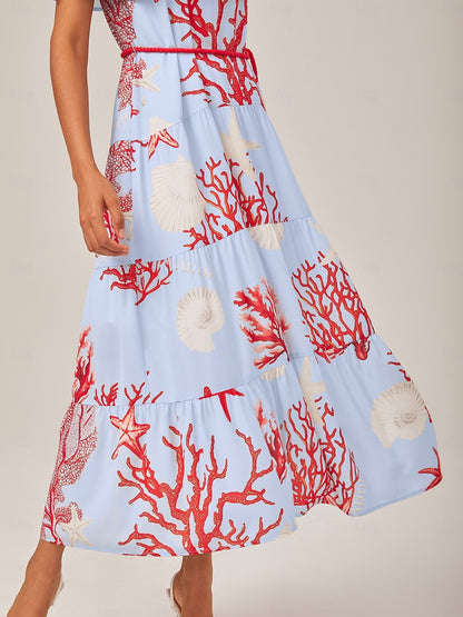 Elegant Chiffon Ocean-Inspired Print Vacation Dress