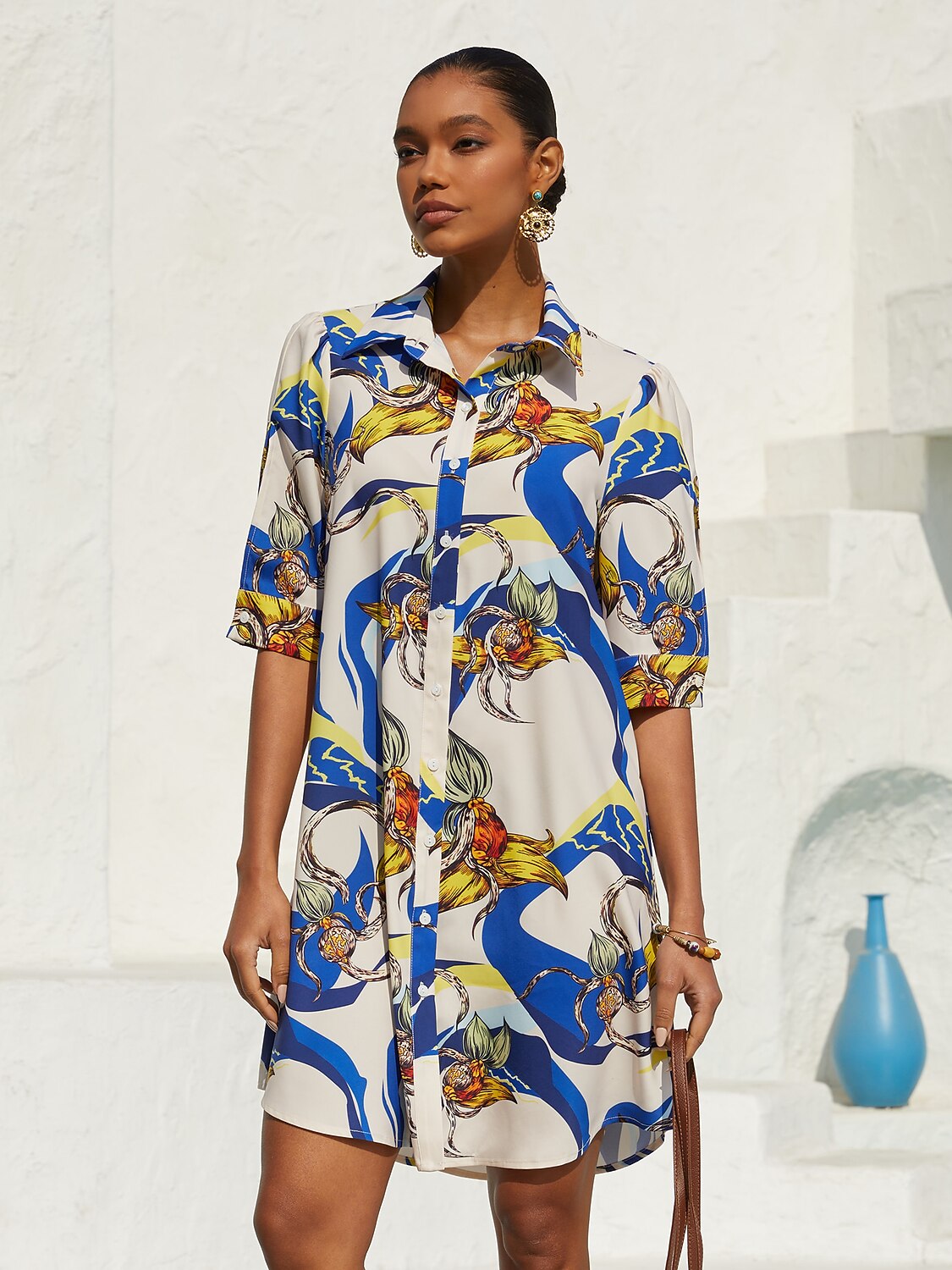 Vacation Scenic Floral Print Straight Satin Shirt Dress