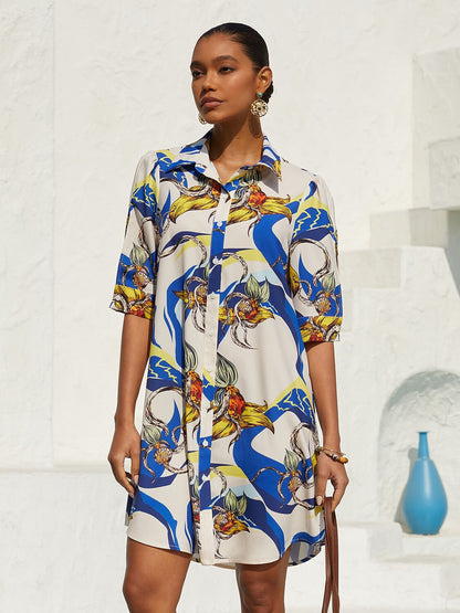 Vacation Scenic Floral Print Straight Satin Shirt Dress