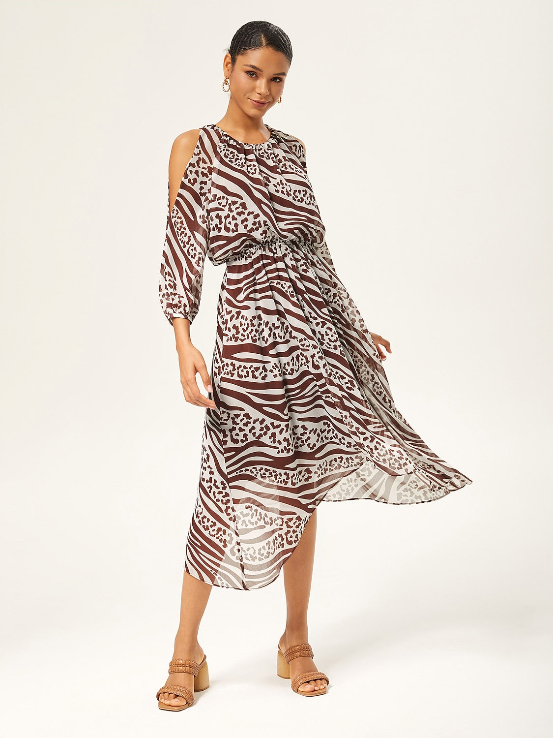Animal Print Ruched Three Quarter Sleeve Dress