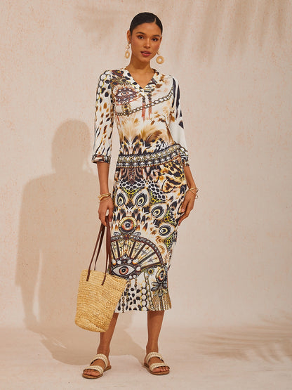 Abstract Leopard Print High Stretch Knit Maxi Dress