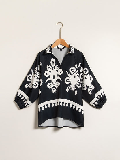 Top Satin Raglan Modern Lapel Black Print