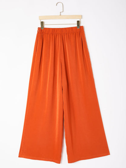 Satin Orange Stand Collar Wide Leg Pants Set
