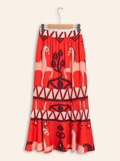 Chiffon Orange Printing Elegant Bohemia Midi Skirt