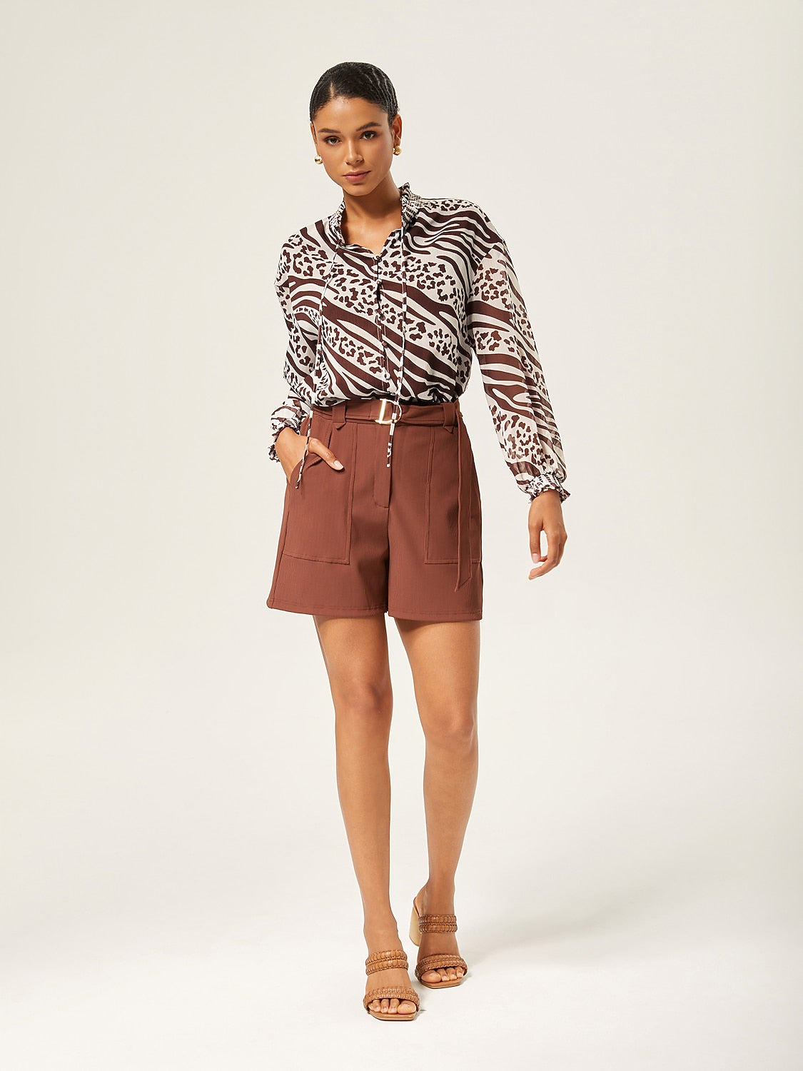 Animal Print Ruched Long Sleeve Pullover