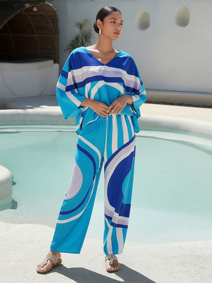 Satin Geometric Pattern Print Poncho Blouse