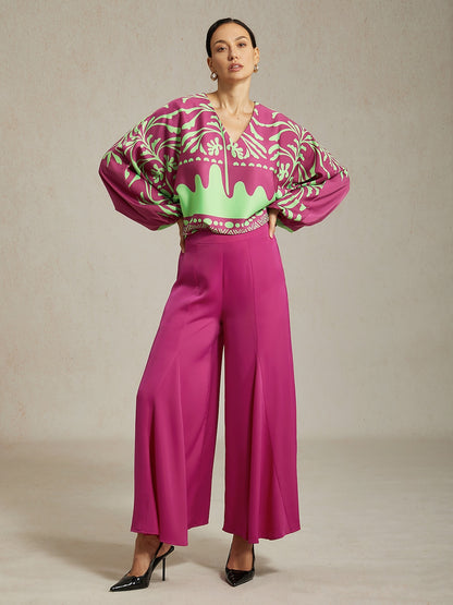 Wide Leg Pants Burgundy Satin Pocket