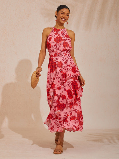 Vacation Pink Floral Waist-Cinching Sleeveless Chiffon Maxi Dress