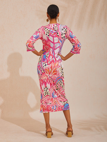 Abstract Leopard Paisley Print High Stretch Knit Maxi Dress