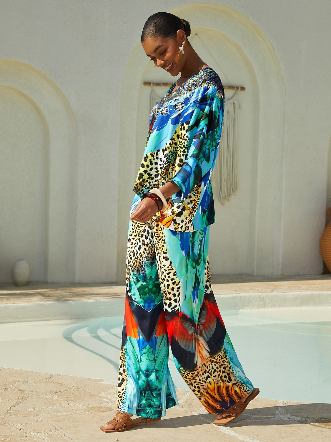 Vacation Leopard Feather Print Straight Fit Satin Long Pants